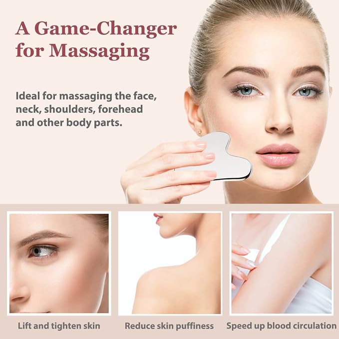 Stainless Steel Gua Sha and Face Roller Set, Facial Tool - Image 3