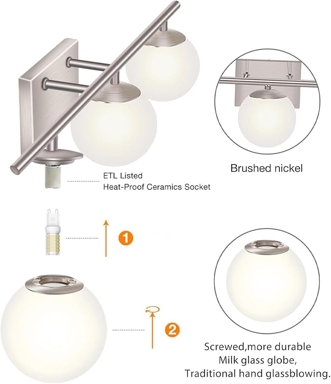 New Bathroom Vanity Light Fixtures 3 Lights Brushed Nickel Glass Shade Modern - Image 4