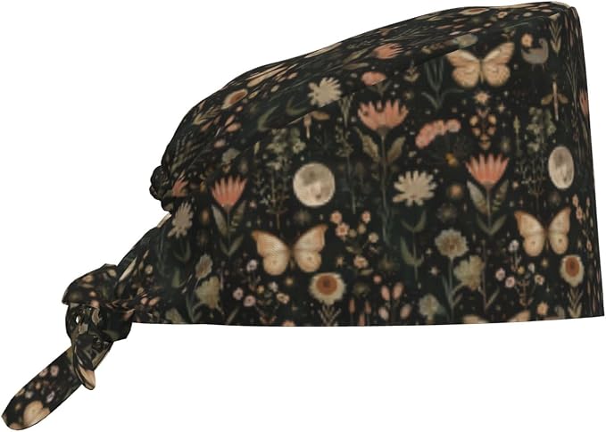 Scrub Cap for Women and Men Boho Black Leaf Pattern Adjustable Breathable by SUPLUCHOM