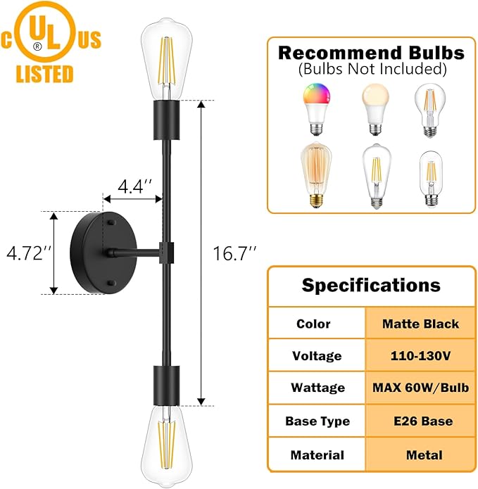 FadimiKoo 2-Light Black Bathroom Light Fixtures, Modern Wall Sconces Lighting - Image 2
