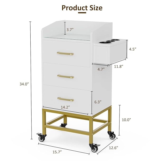 Paddie Beauty Salon Storage Trolley Cart, Glass Top Hair Station Cabinet - Image 7