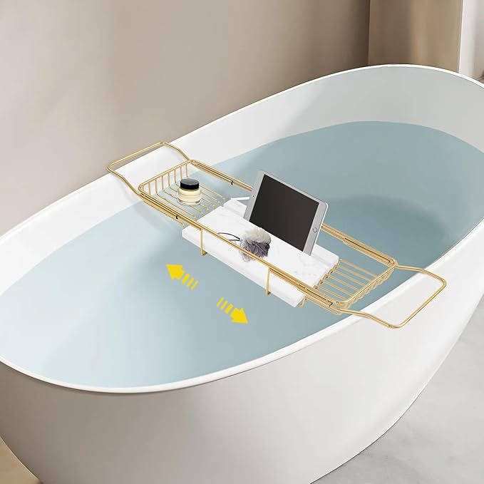 Stainless Steel Bathtub Tray, Expandable Marble Bath Tray - Image 2