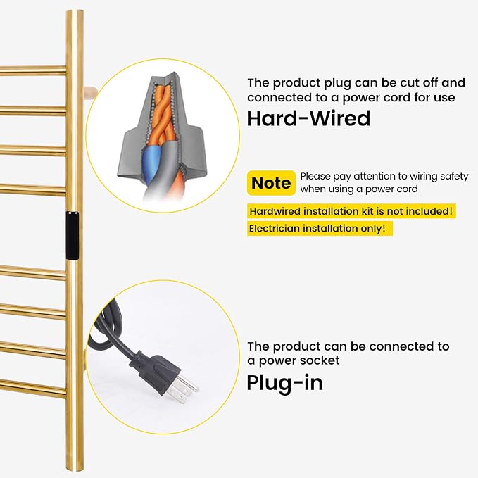 8-Bars Gold Heated Towel Rack–23" Wall Mounted Towel Warmer - Image 3