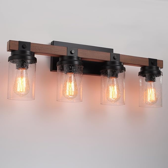 4-Lights Farmhouse Bathroom Vanity Light, Rustic Wood Bathroom Light Fixtures - Image 6