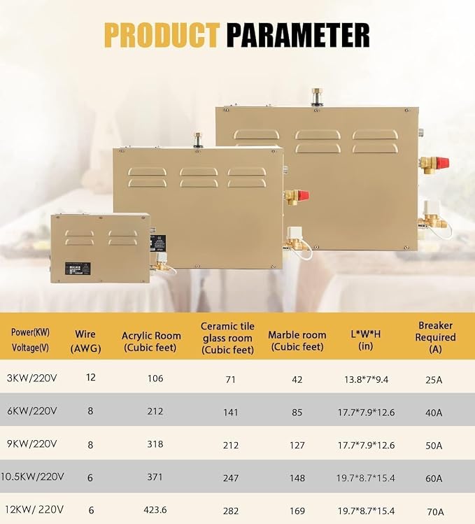 CGOLDENWALL 9KW Commercial Self-Draining Steam Generator Shower System Home - Image 7