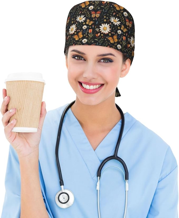 Scrub Cap for Women and Men Boho Black Leaf Pattern Adjustable Breathable - Image 6