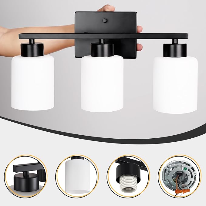 FonmYim Black Bathroom Light Fixtures, 3-Light Modern Vanity Light Over Mirror - Image 7