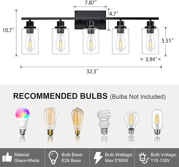 5 Light Bathroom Light Fixtures Black Vanity Light Over Mirror Modern Farmhouse - Image 3