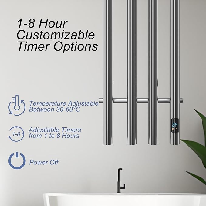 Electric Heated Towel Rack Warmer, Wall Mounted, Stainless Steel, 4 Bar - Image 5