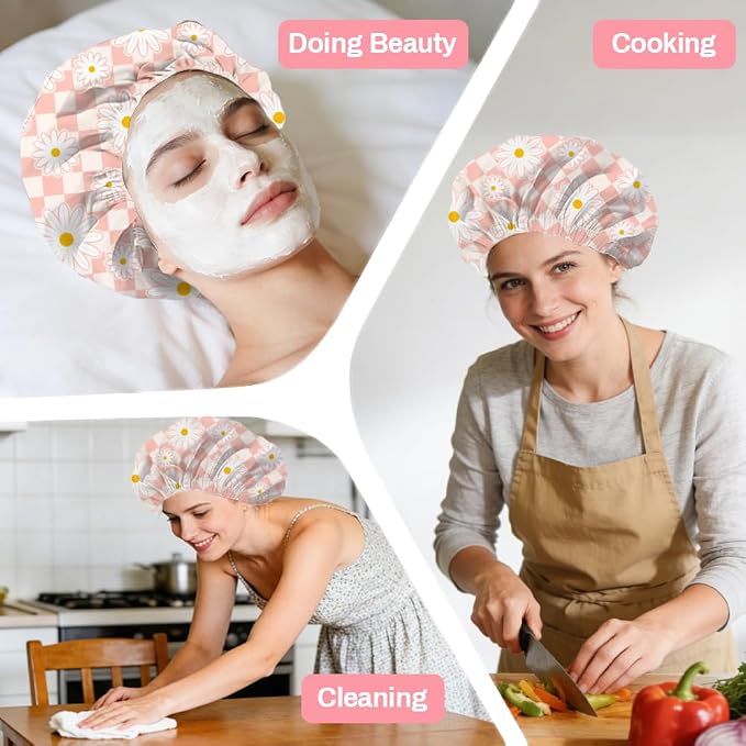Pink Daisy Reusable Shower Cap Buffalo Check Double Layer Waterproof Shower - Image 7
