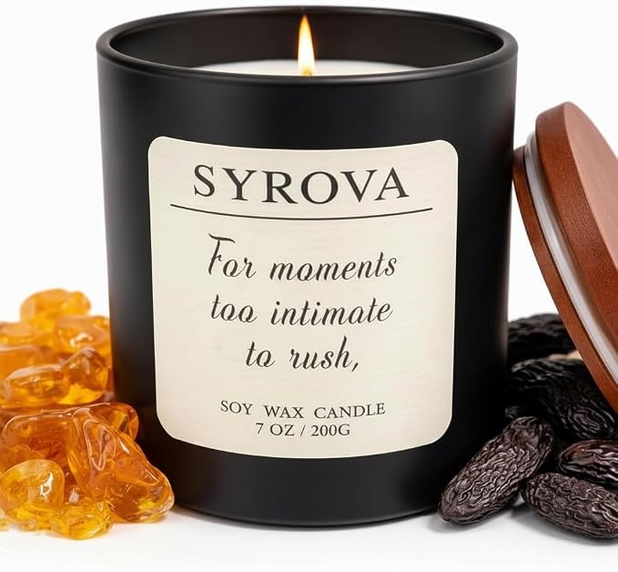 Amber & Tonka Bean Candle, Luxury Scented Soy Candle 7oz, Warm Cozy Fragrance by SYROVA