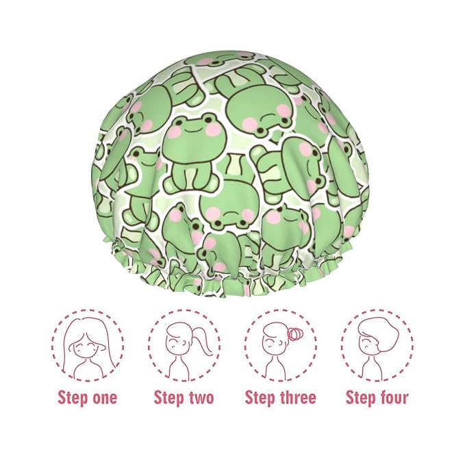 Cute Frogs Shower Cap For Women Reusable Waterproof Double Layers Bath Cap Hair - Image 6