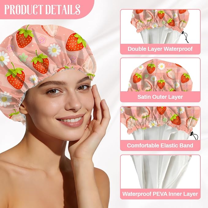 Strawberries Reusable Shower Cap Cute Fruit Double Layer Waterproof Shower Caps - Image 3