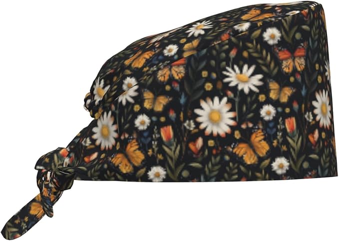 Scrub Cap for Women and Men Boho Black Leaf Pattern Adjustable Breathable by SUPLUCHOM