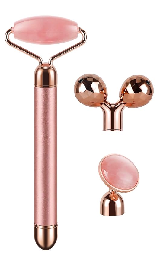 3-IN-1 Electric Jade Roller 3D Roller Facial Roller & Face Massager, Rose Quartz - Image 2