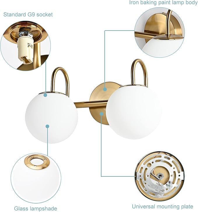 Modern Bathroom Vanity Light Fixtures 2 Lights Brushed Brass Milk White Globe - Image 4