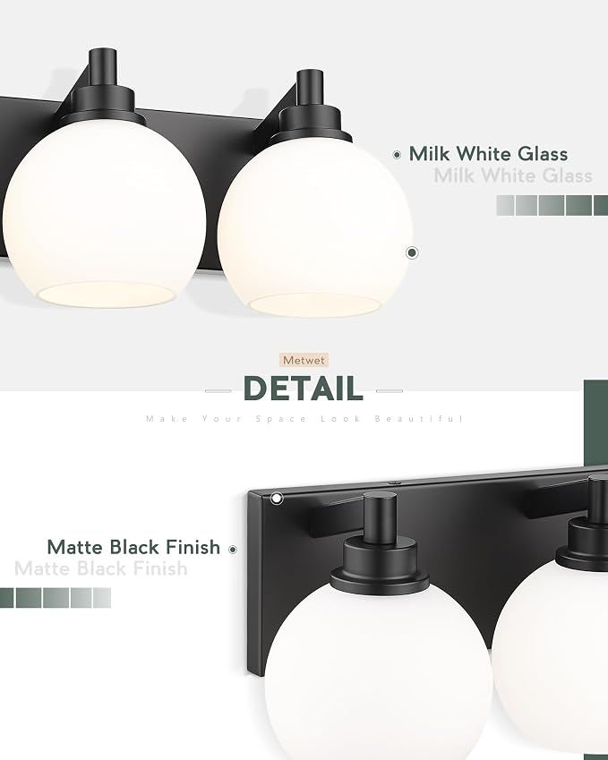 Bathroom Light Fixtures, 3-Light Matte Black Vanity Light, Modern Wall Sconces - Image 4