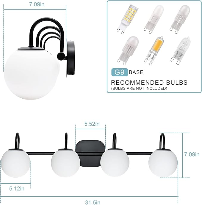Vintage Bathroom Light Fixtures 4-Lights Black Mid Century Vanity Lights - Image 4