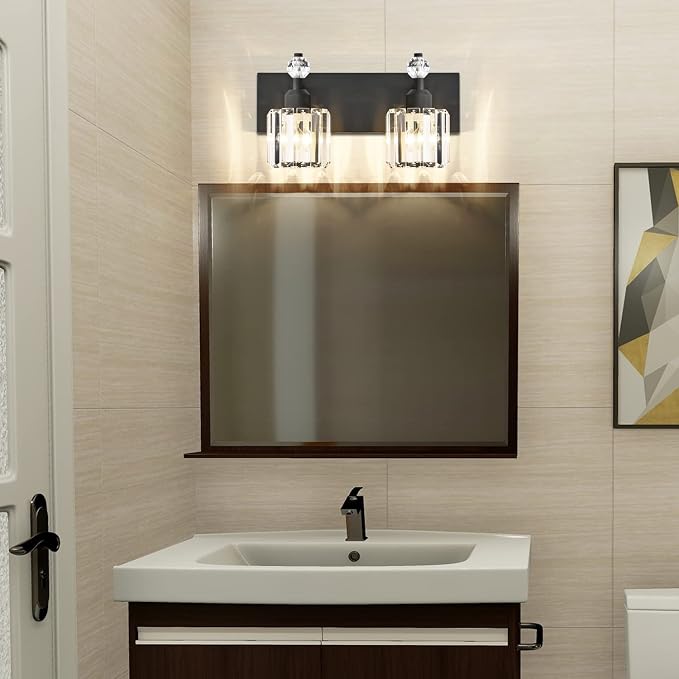 PRESDE 2-Light Crystal Bathroom Lights Fixtures Modern Matte Black Wall - Image 2