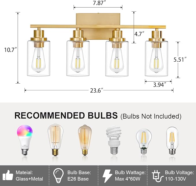 4 Light Gold Bathroom Light Fixtures Brushed Brass Vanity Light Over Mirror - Image 3