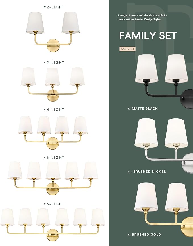 2 Light Bathroom Vanity Light, Brushed Gold Double Wall Sconce - Image 5