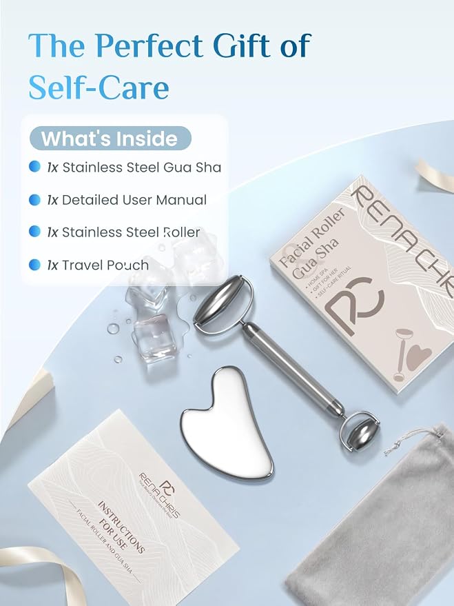Rena Chris Gua Sha and Face Roller Set: Anti-Breakage Stainless Steel Roller - Image 6