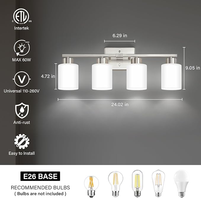 FonmYim Brushed Nickel Bathroom Light Fixtures, 4-Light Modern Vanity Light - Image 2