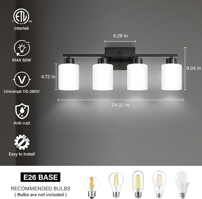 FonmYim Black Bathroom Light Fixtures, 4-Light Modern Vanity Light Over Mirror - Image 2