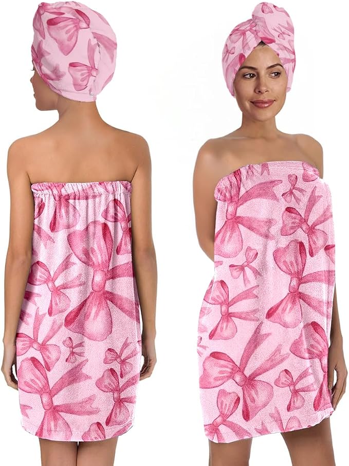 Pink Bow Bath Wrap with Hair Drying Cap – Soft Microfiber Quick Dry Shower by QIULIBMH