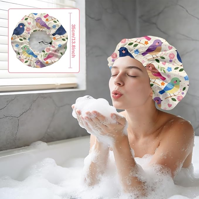 Bohemian Birds Flowers Reusable Shower Cap Cute Double Layer Waterproof Shower - Image 5