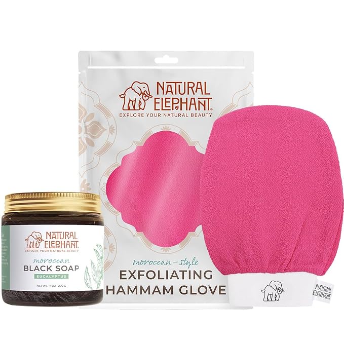Natural Elephant Moroccan Black Soap 200g and Exfoliating Hammam Glove Combo by NaturalElephant