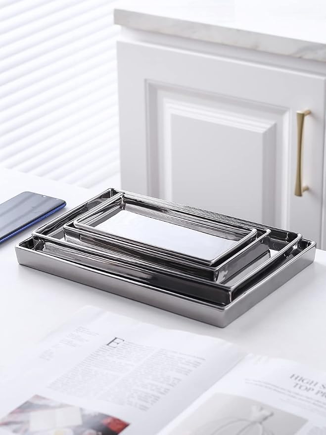 Jewelry Holder Ceramic Trinket Tray Rectangte Vanity Makeup Mirror Tray Silvery - Image 8