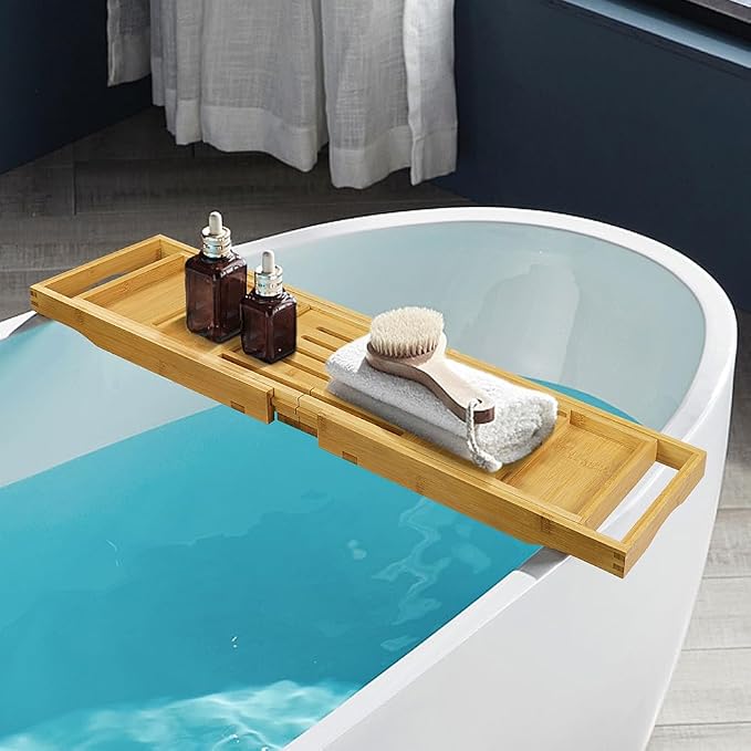 BFTOU Bamboo Bathtub Tray Expandable Bath Table Tray Bathtub Caddy - Image 2
