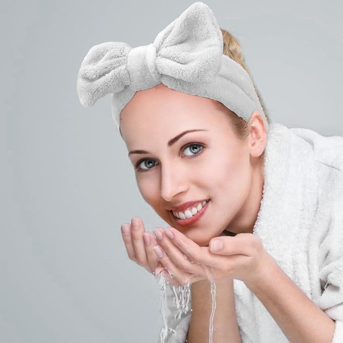 Casoty 6 Pcs Grey Spa Headband, Bow Hair Band, Soft Coral Fleece Makeup Headband - Image 6