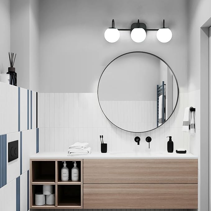 Modern Black Bathroom Vanity Light Fixtures 3 Lights Frame and Milk White Glass - Image 2