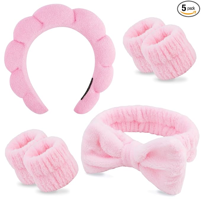 Chanaco Spa Wristband and Pink Puffy Sponge Makeup Headband Set by Chanaco