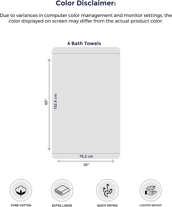 Tens Towels Pack of 4 Extra Large Bath Towels 30 x 60 Inches, 100% Cotton - Image 7