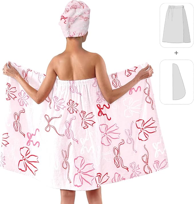 Pink Bow Bath Wrap with Hair Drying Cap – Microfiber Quick Dry Shower Skirt and - Image 2