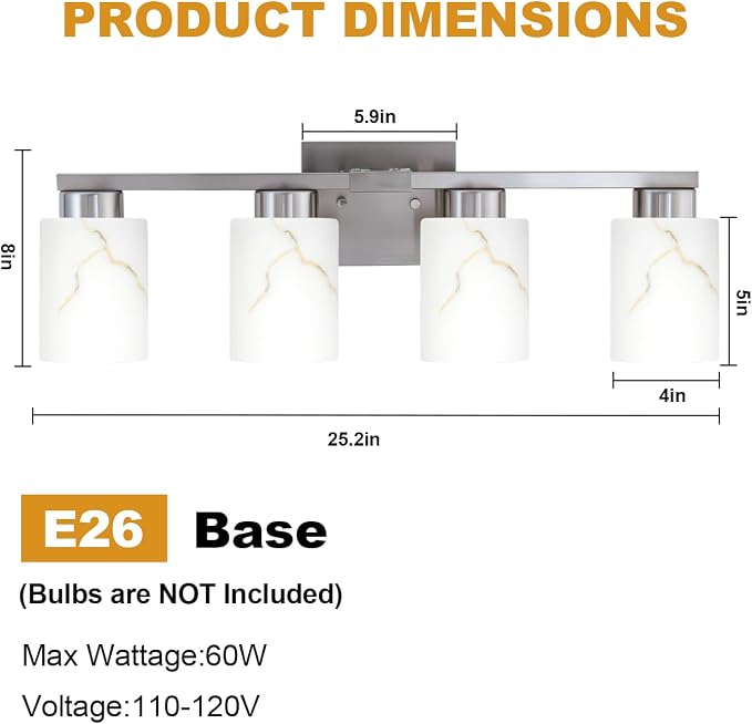 4-Light Bathroom Light Fixtures, Modern Vanity Lights, Brushed Nickel Metal - Image 2