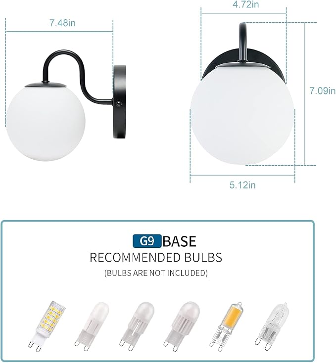 Industrial Bedroom Wall Sconce Black Indoor Wall Light Fixture Milk White Globe - Image 3