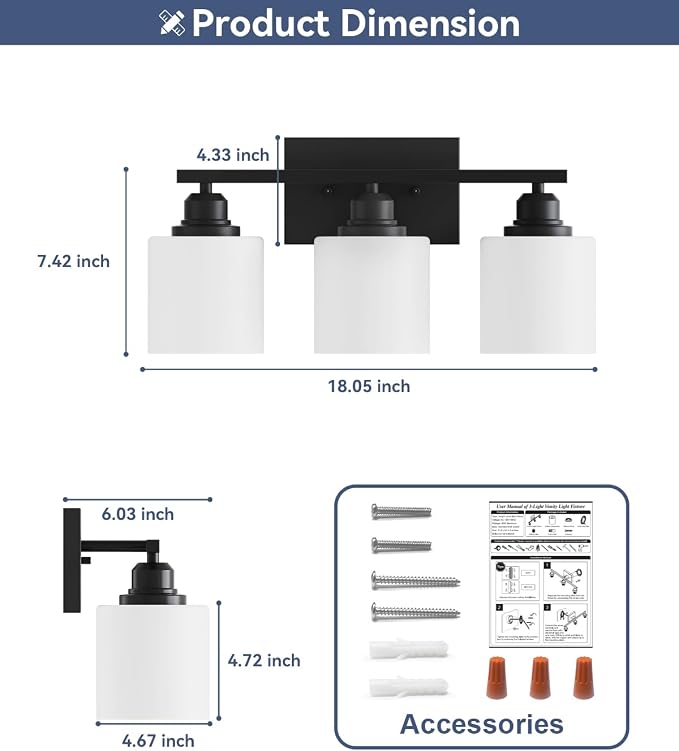 Sailstar 3-Light Bathroom Vanity Light, Anti-Rust Matte Black Bathroom Light - Image 6