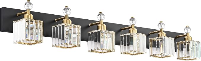 PRESDE 6-Light Crystal Bathroom Lights Fixtures Modern Black and Gold Wall Lamp by HOME