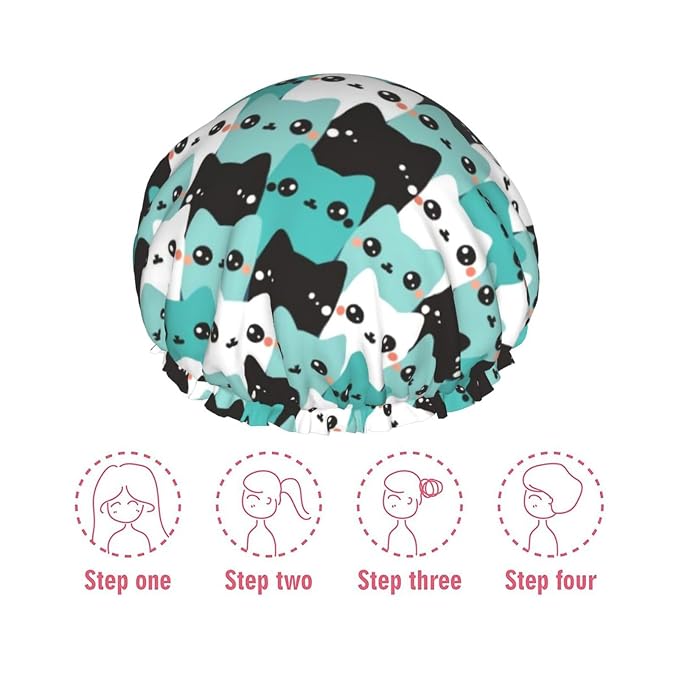 Cat Pattern Shower Cap For Women Reusable Waterproof Double Layers Bath Cap - Image 6