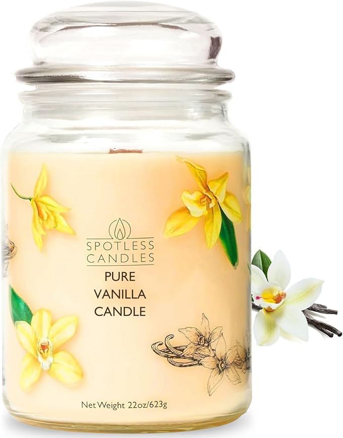 Pure Vanilla Scented Candle 22oz – 80-85 Hour Burn Time, Wooden Wick, Large by SpotlessLeopard