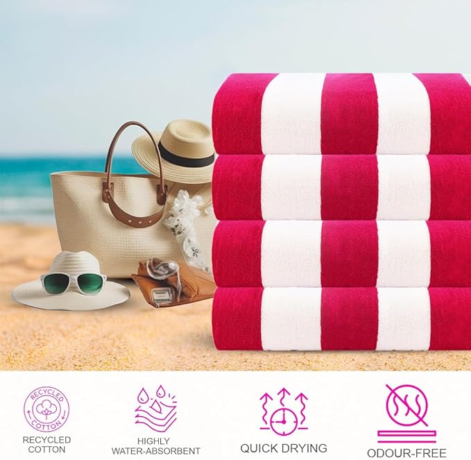 CASA COPENHAGEN Cabana Towel 4Pcs Rosy Designer Stripe Beach Towels Gift Set - Image 2