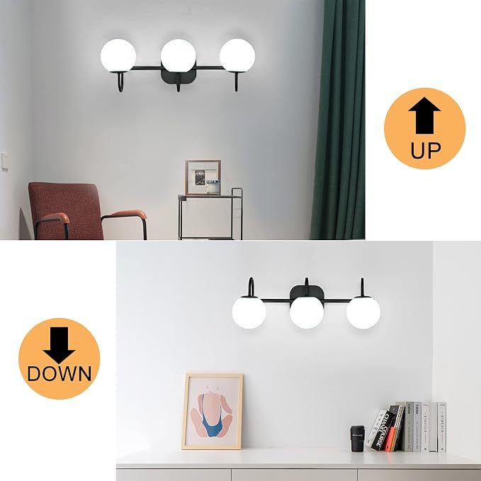 Modern Black Bathroom Vanity Light Fixtures 3 Lights Frame and Milk White Glass - Image 3