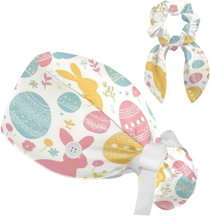 Scrub Caps Women Ponytail Cute Pink and White Leaves Caps Bouffant Working Hat by Unknown