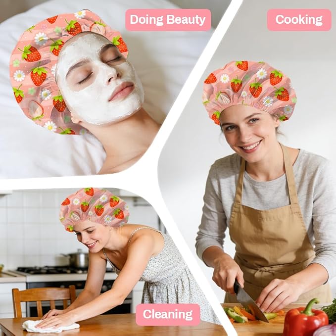 Strawberries Reusable Shower Cap Cute Fruit Double Layer Waterproof Shower Caps - Image 7