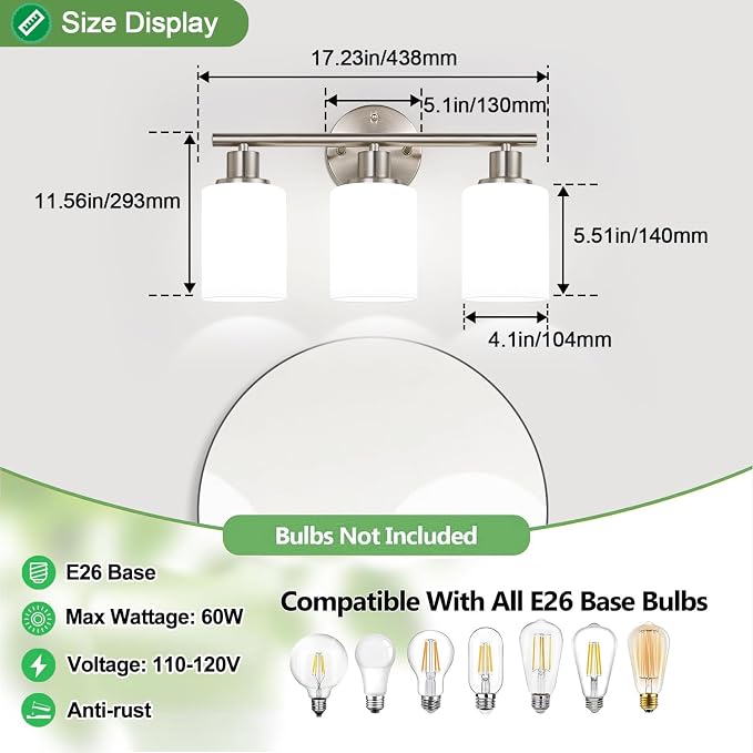 Zarbitta 3-Light Bathroom Light Fixtures, Brushed Nickel Vanity Light, - Image 7