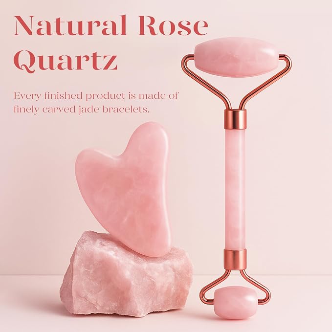 BAIMEI Rose Quartz Roller Set & Xiuyan Jade Gua Sha – Face Massager Tool and - Image 4